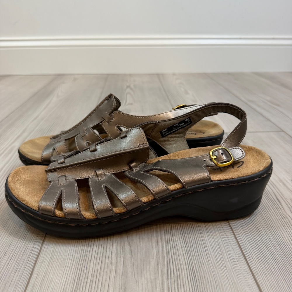 Clarks Bendables Pewter Leather Wedge Sandals Strappy Slingback 37487 Womens 11W